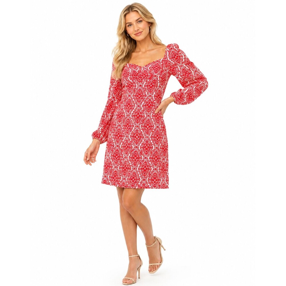 Boden 100% Linen Red White Damask Floral Dress Size 4 Puff Sleeve Short Garden